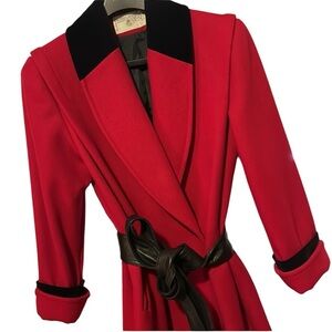 Vintage red wool black velvet trim floor length long large lapel coat 11